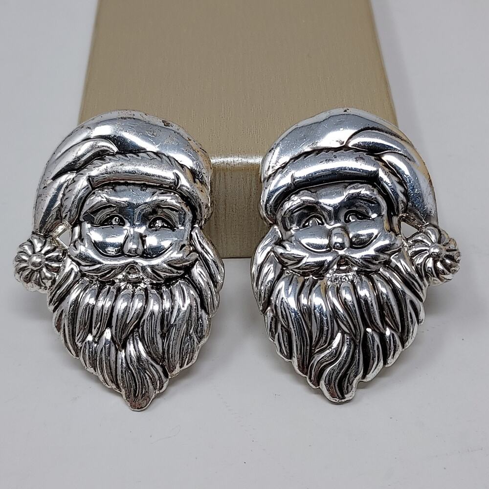 Vintage Best Santa Earrings Silver Tone Clip On Best Retro 1990s Signed 1.5"